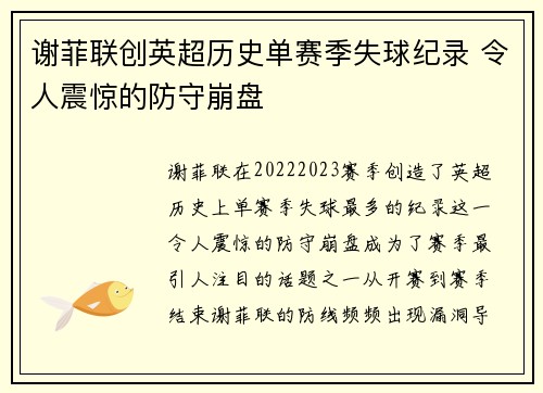 谢菲联创英超历史单赛季失球纪录 令人震惊的防守崩盘 谢菲联创英超历史单赛季失球纪录 令人震惊的防守崩盘